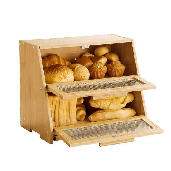 KFFKFF Double-Layer Bamboo Bread Box for Kitchen Counter, Spacious Wooden Bread Storage Container with Acrylic Wavy Door, Ideal for Homemade Bread and Farmhouse Style Organization