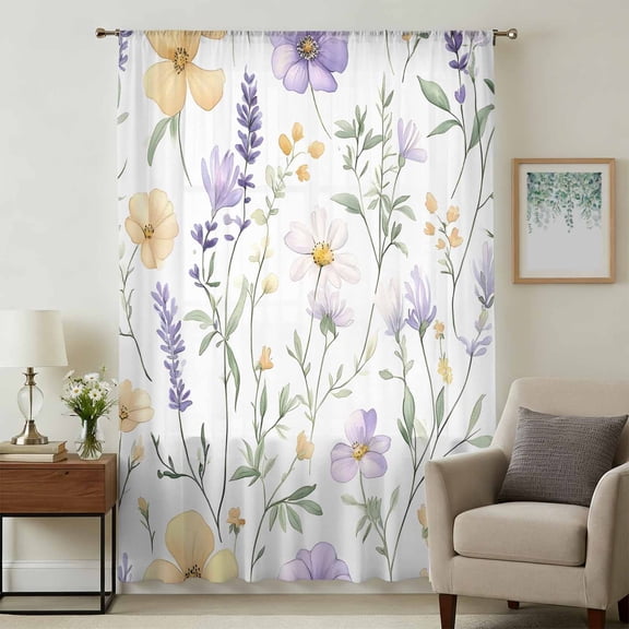 Purple Yellow Floral Sheer Curtains 84 Inches Long, Watercolor Wildflowers Botanical Light Filering Curtains, Breathable Simi Curtain Privacy Drapes for Living Room Bedroom Window Treatment