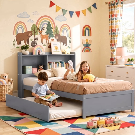 UHOMEPRO Twin Bed Frame with Pull-Out Trundle and Bookcase Headboard, Storage Bed for Shared Rooms and Small Bedrooms, No Box Spring Needed, Gray