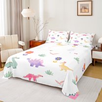 Homewish Rainbow Dinsaur Twin Sheet Sets,Cartoon Flower Floral Twin Fitted Sheet,White Green Pink 03 For Teens Boys,Super Cozy Room Decor,3-Piece