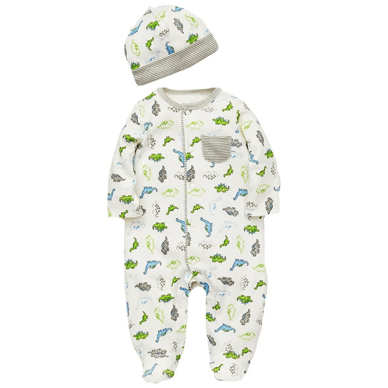 Baby Tiny Dino Footie Pajamas Boys Footed Sleeper and Hat Off White 9 Months