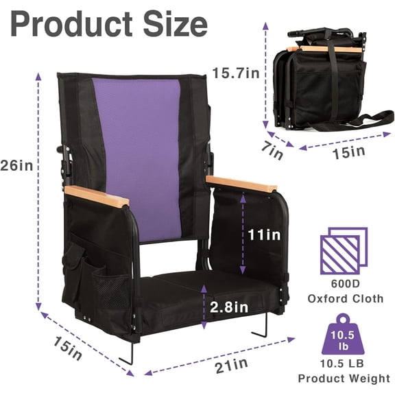 Extra Wide Stadium Seats with Back Support, Bleacher Chairs with High Back and Cushion, Padded Portable Fording Bleacher Seat with Armrests, Cup Holder and Storage Pockets ()