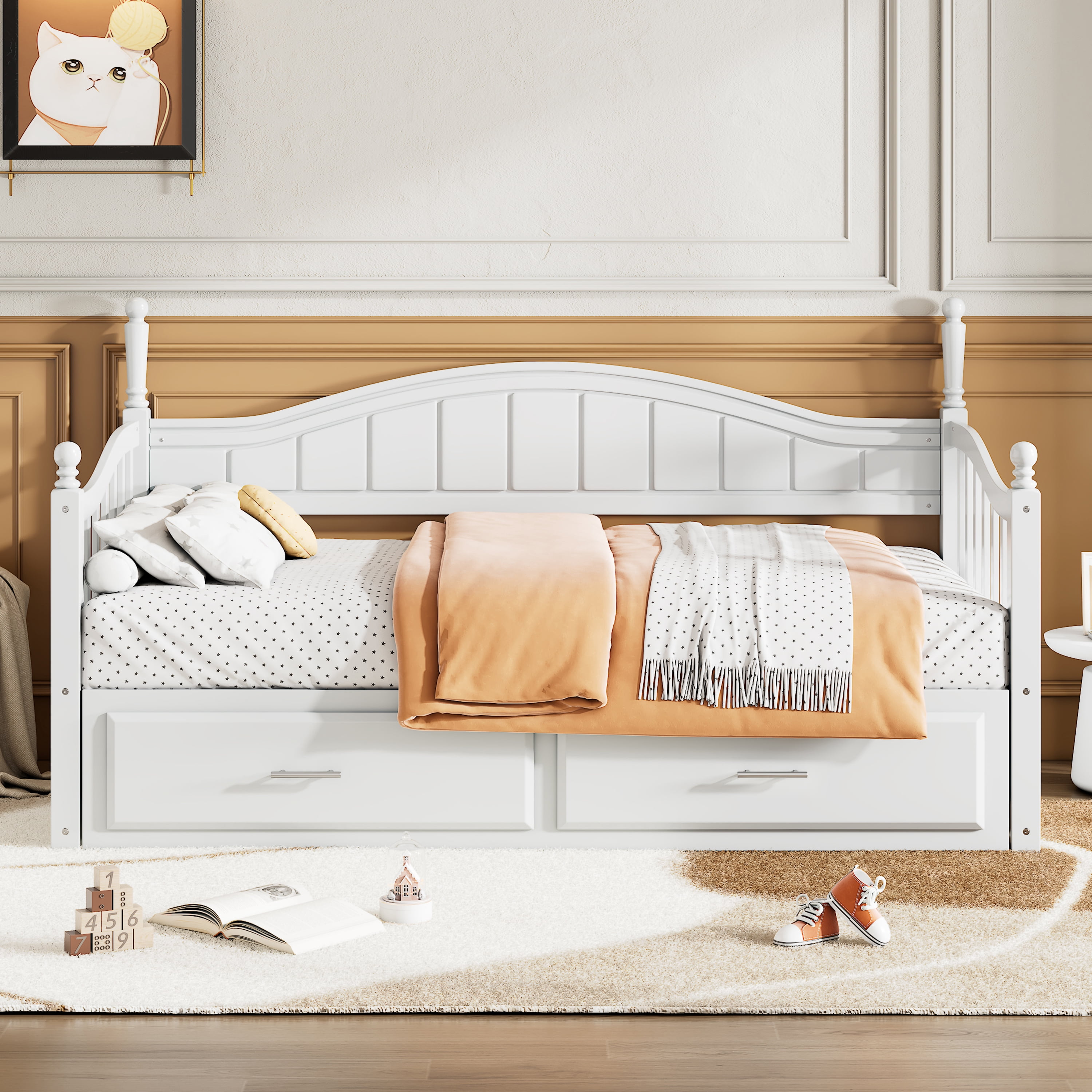 Euroco Wood Twin Size Daybed with Trundle and Drawers, Extendable Bed, White