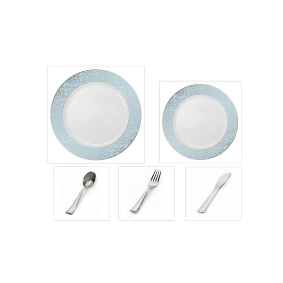 Mosaic Collection White w/Blue & Silver Border China-Like Plastic 10.25" Dinner Plates   7" Salad Plates   Cutlery *Party for 16*