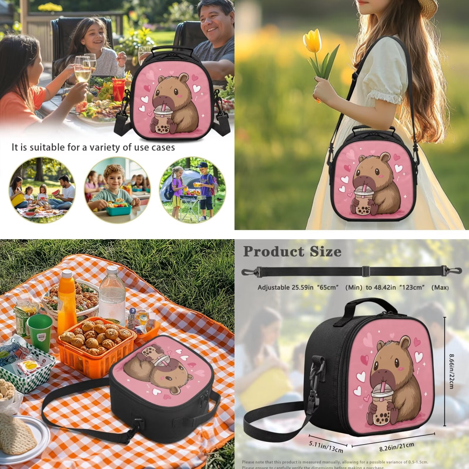 Pzuqiu Cute Capybara Girls Backpack Set of 5 School Bookbag Purse with Reusable Lunch Tote Bag Water Bottle Bag Pencil Case for Kids Elementary Schoolbags
