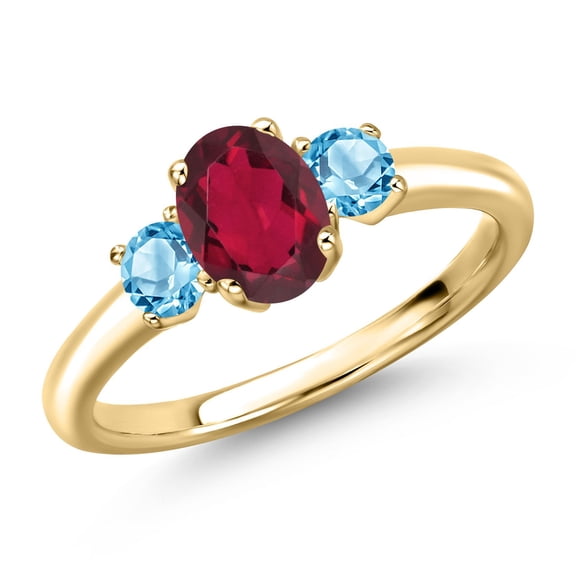 Gem Stone King 10K Yellow Gold Ruby Red Mystic Topaz and Swiss Blue Topaz Engagement Ring for Women | 1.20 Cttw | Oval 7X5MM | Gemstone November Birthstone | Size 7
