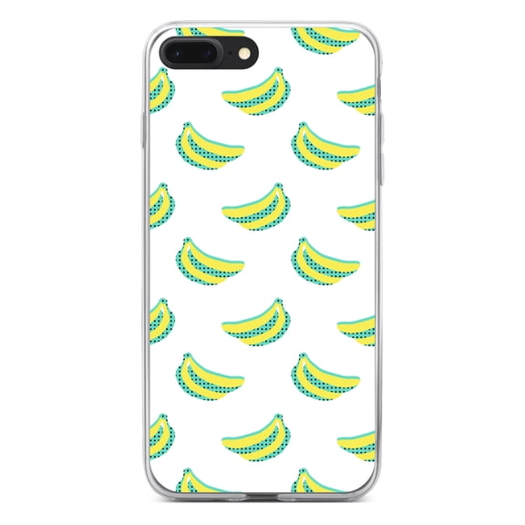 DistinctInk Clear Shockproof Hybrid Case for iPhone 7 PLUS / 8 PLUS (5.5" Screen) - TPU Bumper, Acrylic Back, Tempered Glass Screen Protector - Summer Graphics - Banana Pattern - Yellow
