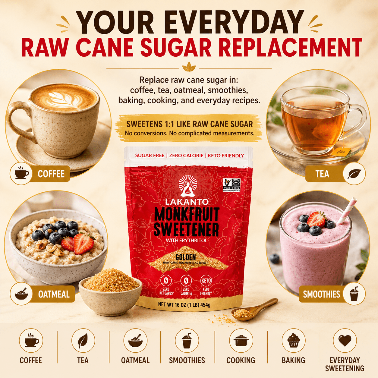 Lakanto Monk Fruit Sweetener - 1:1 Raw Cane Sugar Substitute, Zero Calorie, Keto Diet Friendly, Zero Net Carbs, Zero Glycemic, Baking, Extract, Sugar Replacement (Golden - 1 lb)