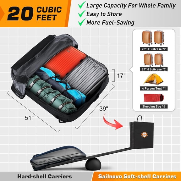 Rooftop Cargo Carrier 20 Cu Ft Waterproof Soft-Shell Bag with 6 Door Hooks & Straps for Cars Without Roof Rack