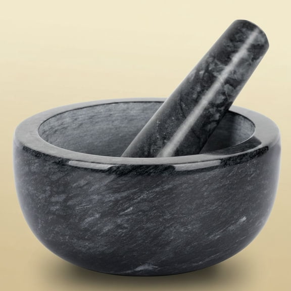 Marble Mortar and Pestle Set Large Solid Stone Grinder Spice Herb Grinder Pill Crusher (Black, Diameter 5.5")