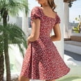 thumbnail image 5 of Fesfesfes Spring Dresses for Women Floral Printed Boho Dress Casual Low Cut V Neck Lace Up Breast Mini Dress Slim A-Line Short Sleeve Beach Sun Dress, 5 of 8