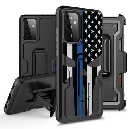 Bemz Armor Kombo Series for Samsung Galaxy A52 5G Case (Heavy Duty Rugged Kickstand Cover with Belt Clip Holster) with Touch Tool - Thin Blue Line USA Skull