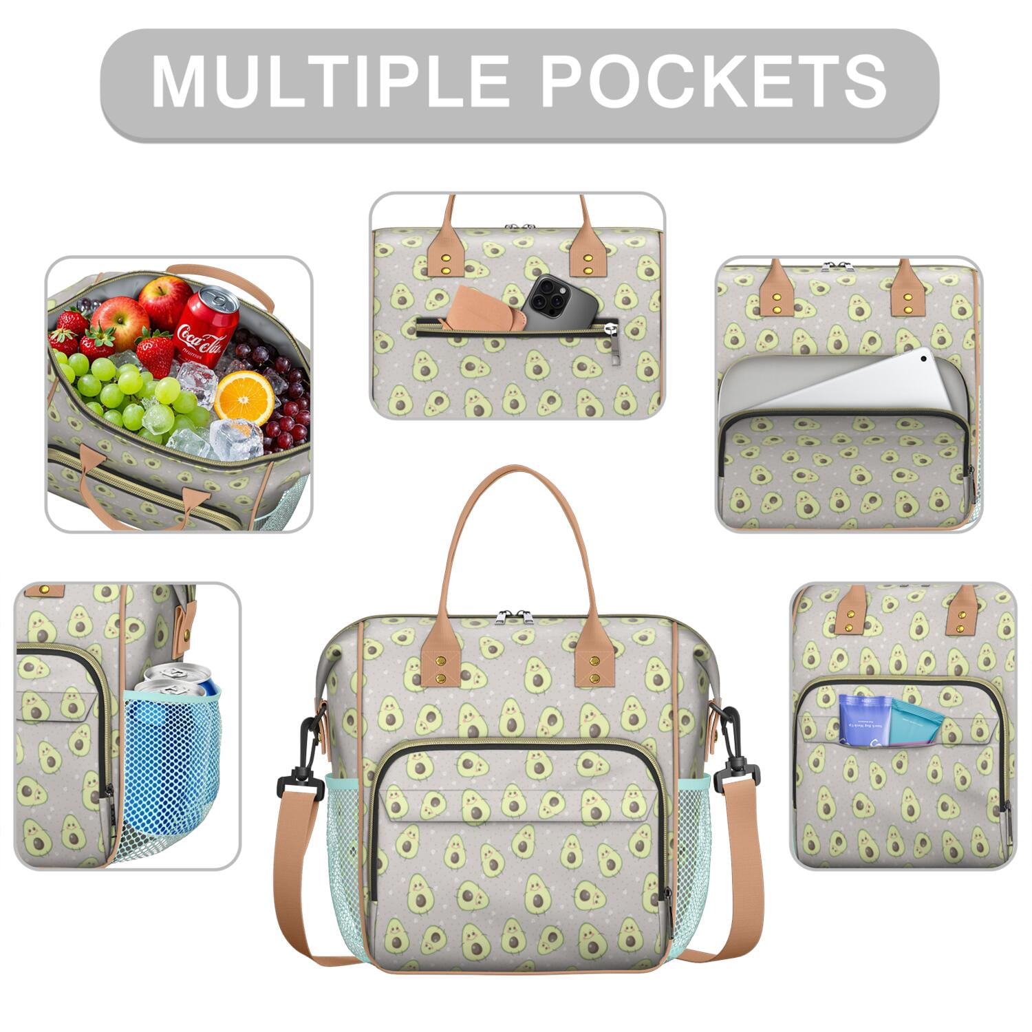 Large Insulated Tote Bag - Avocado Print Leakproof Cooler Bag for Office & Outdoor, Multi-Pocket Waterproof Thermal Lunch Tote for Men Women, Cute Kawaii Design
