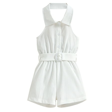 

Capreze Girls Sleeveless Jumpsuit With Belt Halter Romper Party One-Piece Pants Lapel Neck Bodysuit