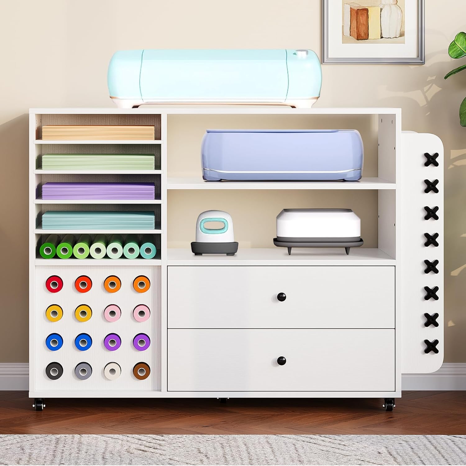 Garvee Craft Cart Compatible with Cricut Machine, 42" Cricut Cart Storage Organizer, 24 Vinyl Roll Holder, 2 Large Drawers, Craft Table for Home, White