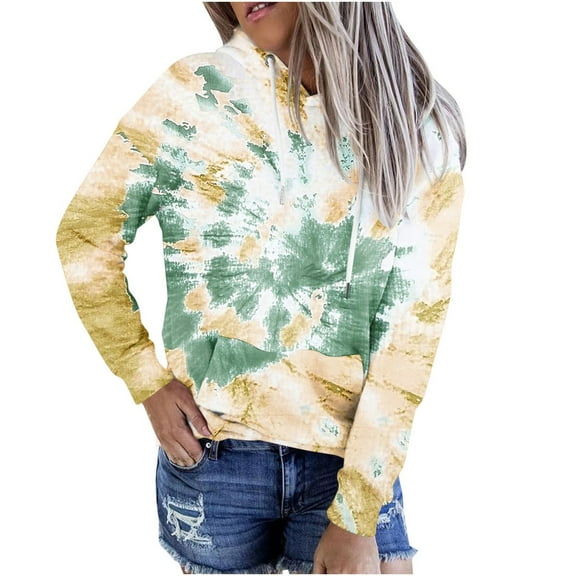 Long Sleeve Tie-dye Printed Hooded Sweatshirts for Women Drawstring Kangaroo Pocket Spring Fall Trendy Tops