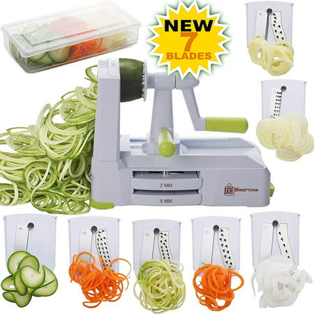 Brieftons 7-Blade Spiralizer: Strongest-and-Heaviest Duty Vegetable Spiral Slicer, Best Veggie Pasta Spaghetti Maker for Low Carb/Paleo/Gluten-Free, With Container, Lid, Blade Caddy (Best Spiral Slicer 2019)