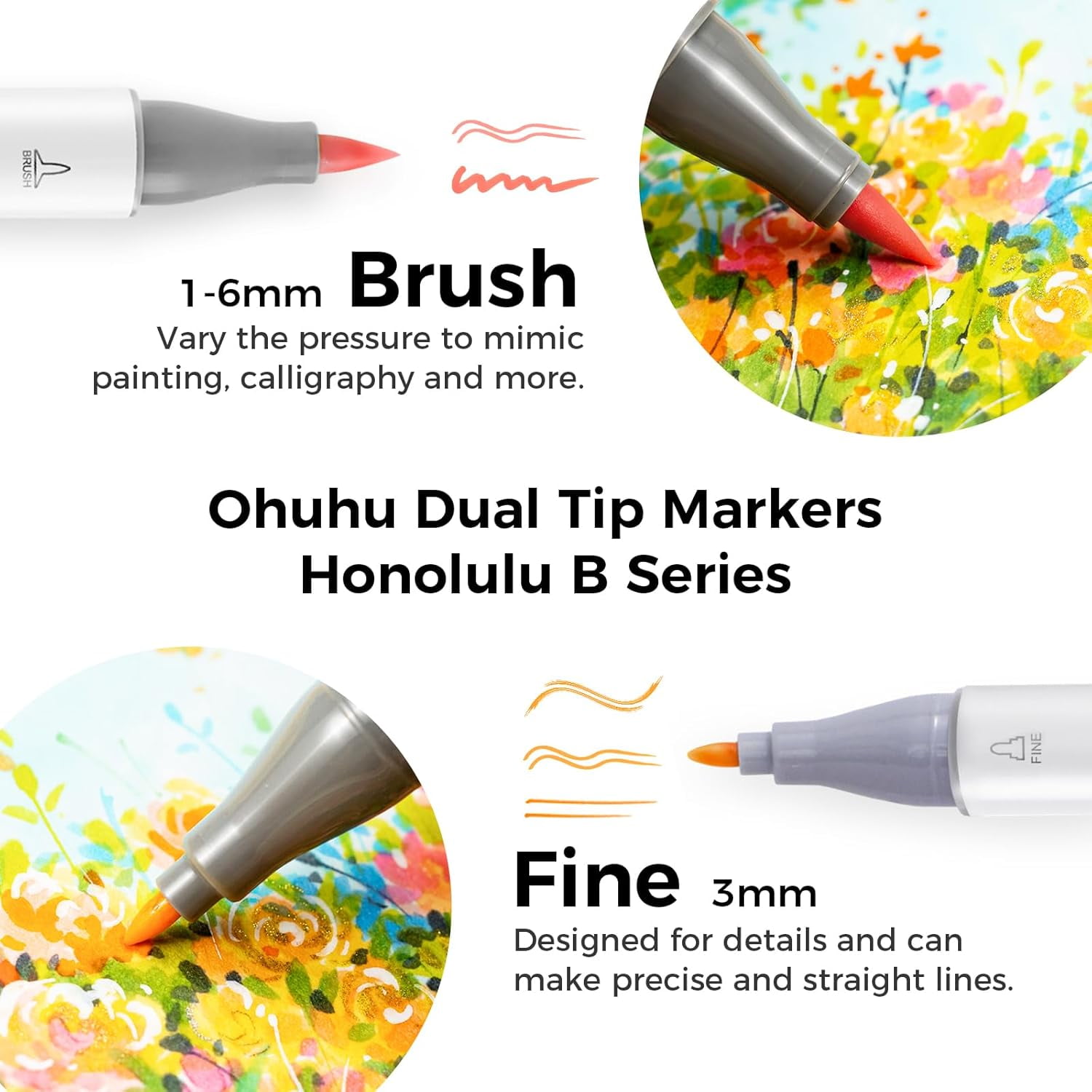Ohuhu Alcohol Brush Markers 48 Mid-tone Colors for Artists Adults Coloring Sketch Illustration- Brush & Fine- Honolulu B- New Color Codes