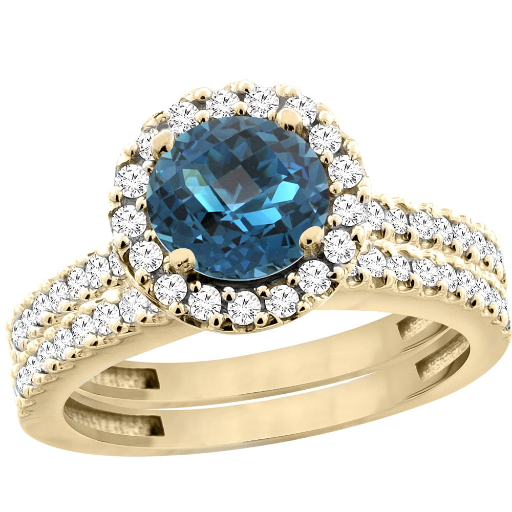 14K Yellow Gold Natural London Blue Topaz Round 6mm 2-Piece Engagement Ring Set Floating Halo Diamond, size 5.5 by Gabriella Gold