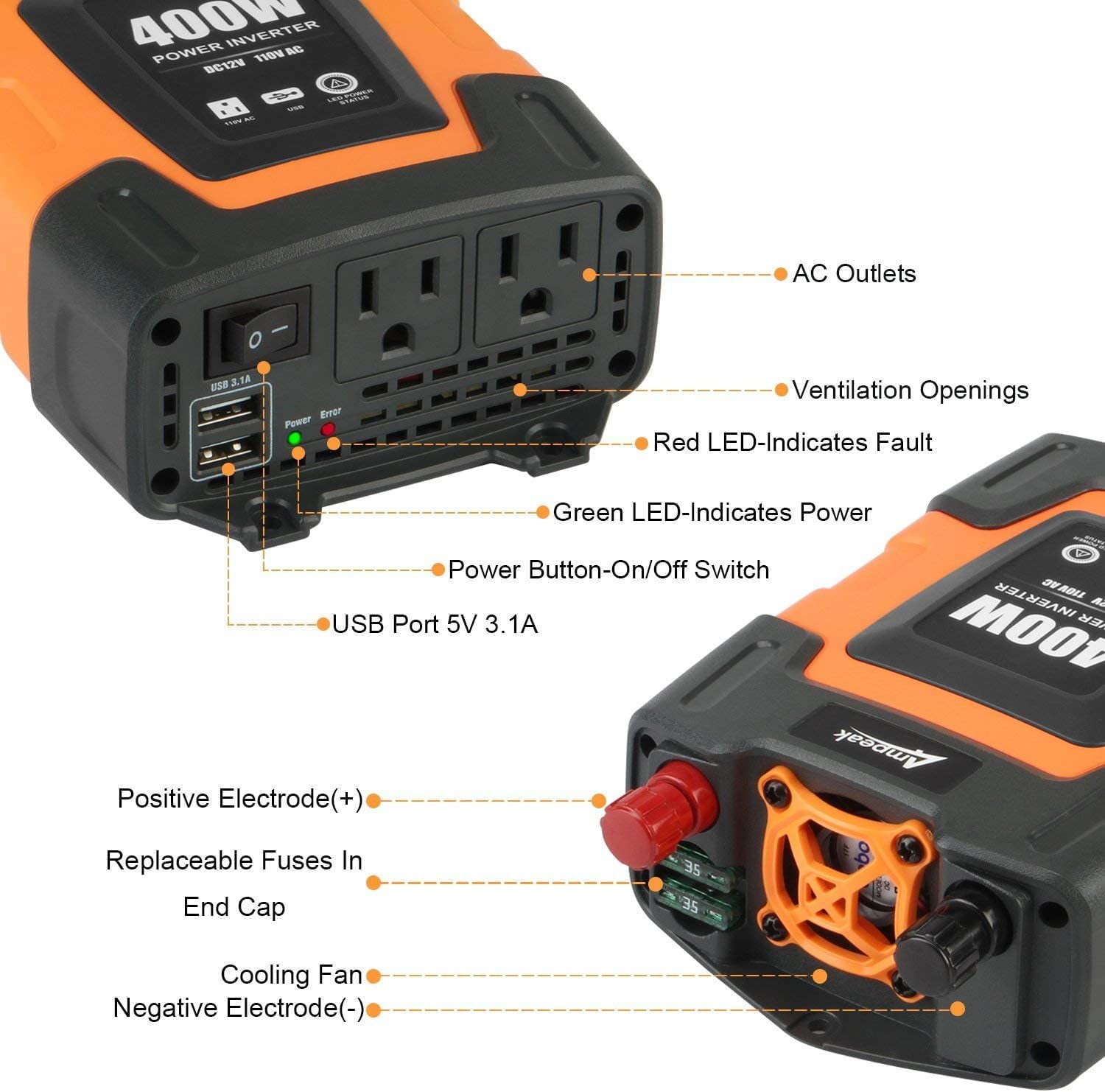 Ampeak 400 Watts Power Inverter DC 12V to 110V AC Car Inverter with 3.1A Dual USB Converter