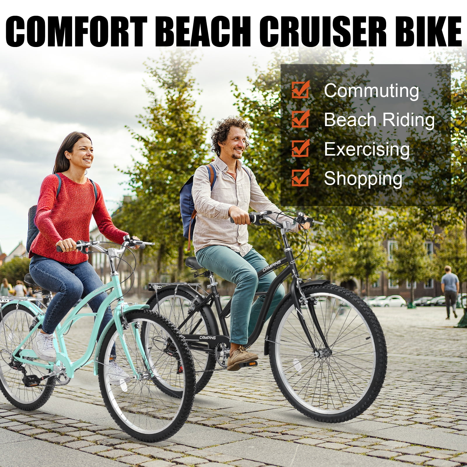 Ktaxon 26" Commuter Bicycle, 7-Speed Beach Cruiser Bike with Rear Rack, Men and Women Black