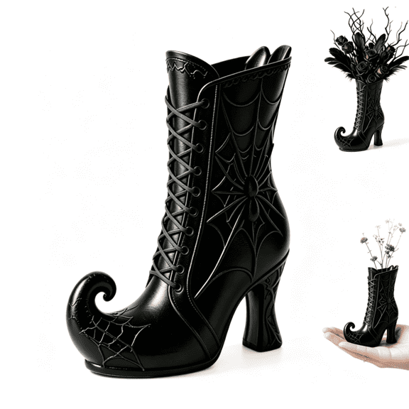 Gothic Witch Boot Vase, Black Spider Webs and Curled-Toe High-Heel Style, for Halloween Decor, Tabletop Decoration