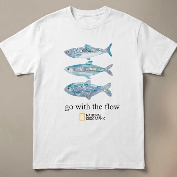 National Geographic t-shirt with three blue fish graphic and the words 'go with the flow'