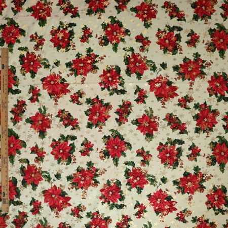 Shiny Gold Accents on Light Weight Poly-Cotton Christmas Fabric 58 Wide by 36 (1-Yard) for Arts Crafts Sewing