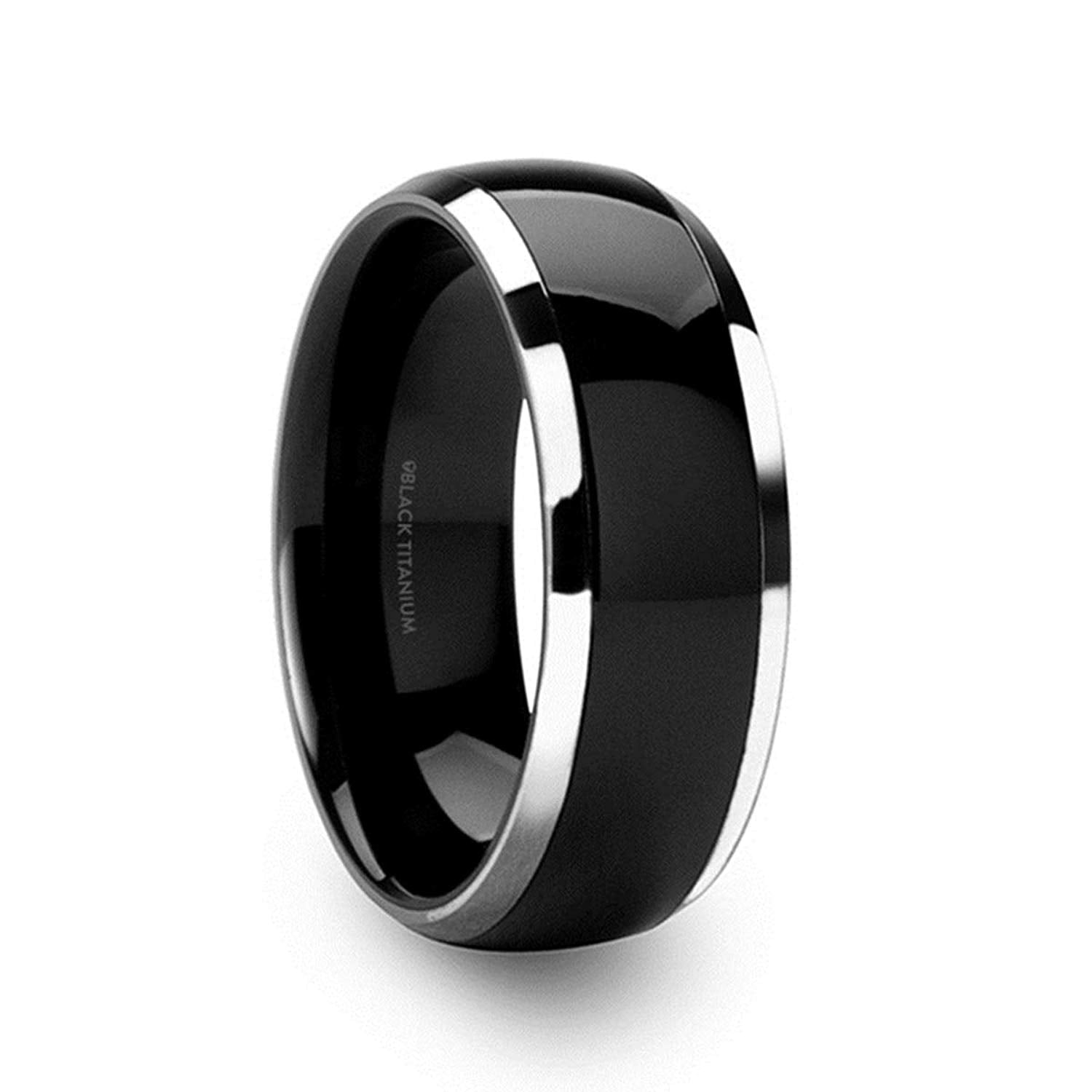 Thorsten Nolan | Titanium Rings for Men | Lightweight Titanium | Comfort  Fit | Domed Black Titanium Wedding Band with Polished Beveled Edges - 8mm