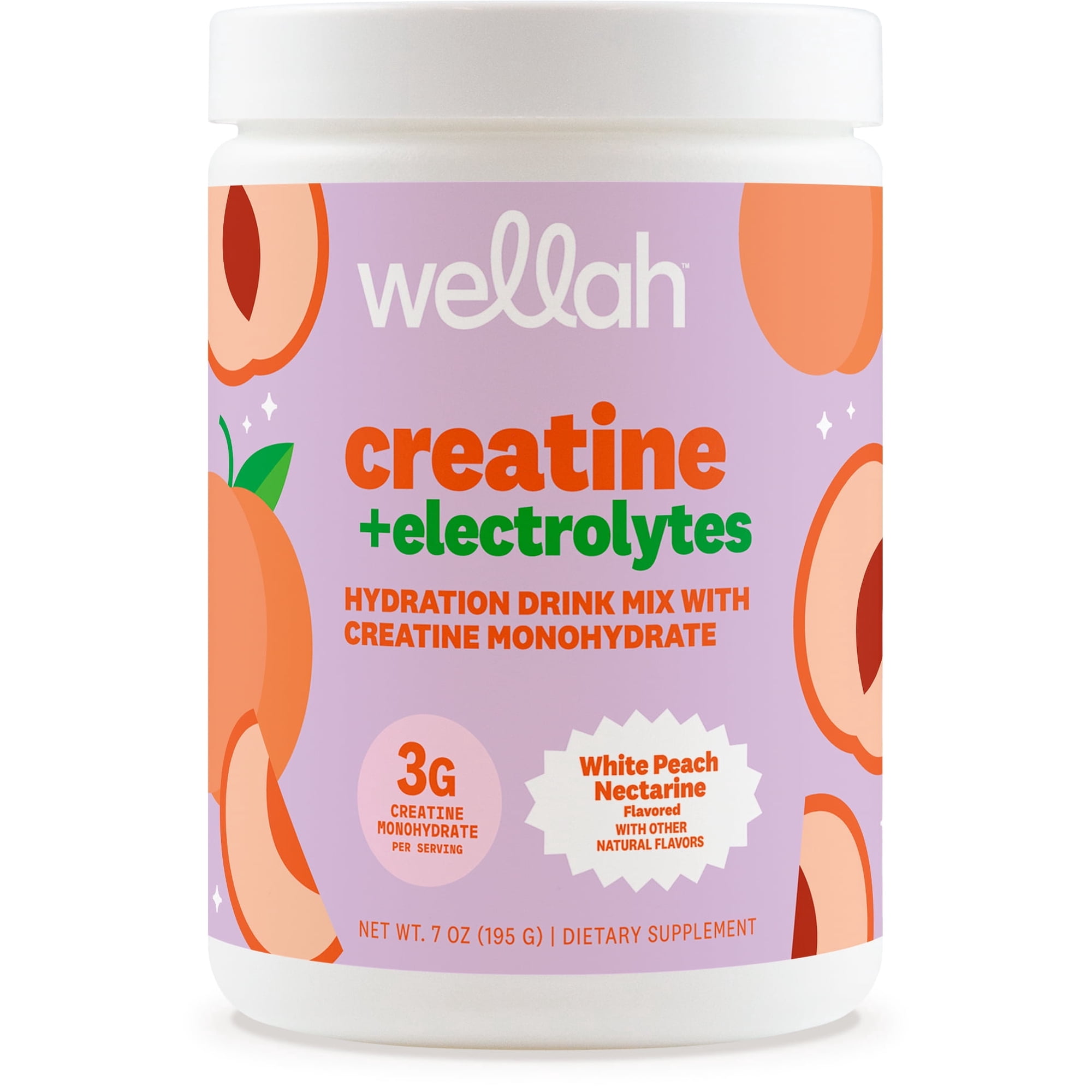 Wellah Creatine + Electrolytes Powder (White Peach Nectarine) 30 Servings - Hydration Drink Mix with 3g of Creatine Monohydrate