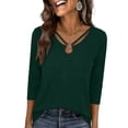 thumbnail image 2 of ClodeEU Women's V Neck 3/4 Sleeve Blouse,Casual Solid Color Top with Keyhole Neck Army Green,Women's Plus L, 2 of 7