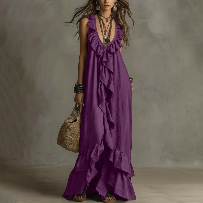 peasent ruffle maxi dress Cotton Tiered Model wears size S. Maxi Peasant Solid Ruffle Dress