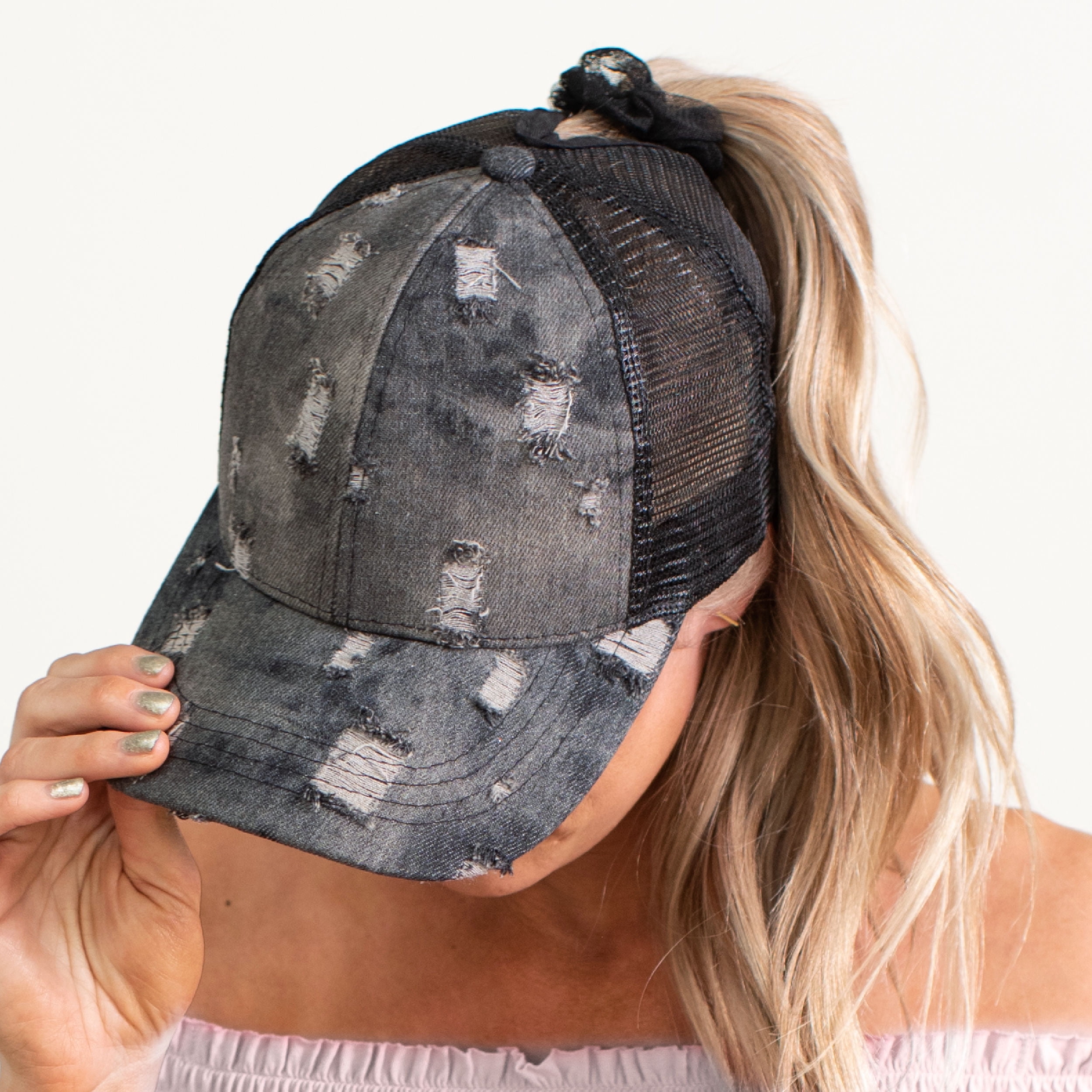 CC Destroyed Denim Ponytail Baseball Cap Hats