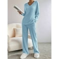 thumbnail image 4 of Womens Ribbed Knit 2 Piece Sets Long Sleeve Sweater and Wide Leg Pants Loungewear Pajamas Set Blue S, 4 of 7