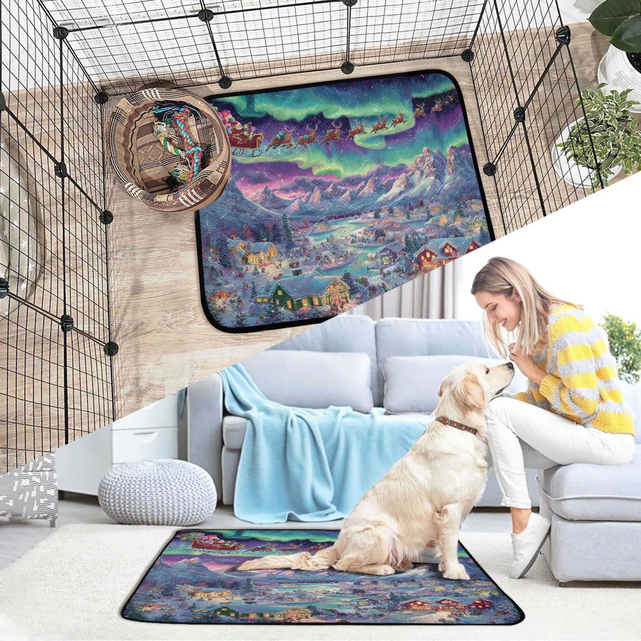 Qxltty Whimsical Christmas Scene Cat litter Pads Pet Set of 2 Diaper Mats Center Anti-leakage Layer Absorbent Soft and Comfortable