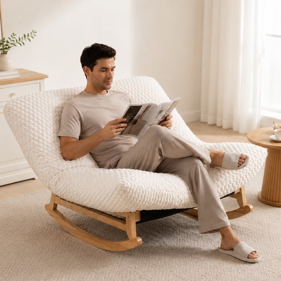 LEGAHOME Oversized Rocking Accent Chair Indoor, 41.3in Papasan Rocking Lounge Chair for Adults with Corduroy Cushion, Plush Reading Nook Chair for Living Room, Solid Wood Base, Antique White