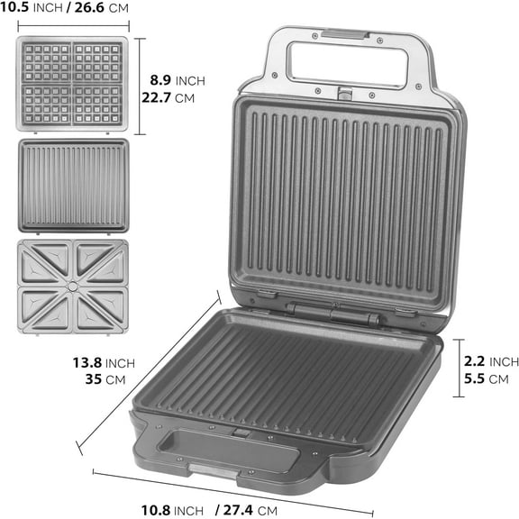 3 in 1  Grill Press with 3 Removable Plates, Breakfast Sandwich Maker, Electric Griddle  Press, Grilled Cheese Maker, Sandwichera Electrica, Belgian Waffle Maker