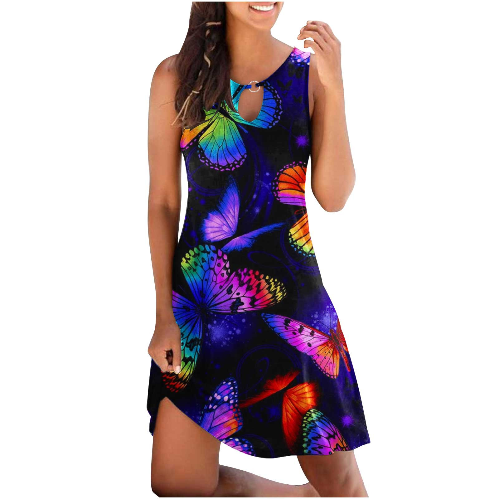 Dresses for Women Summer Sleeveless Floral Print Racerback Short Sun  Dresses Casual O-Neck Beach Cover up Tank Dress