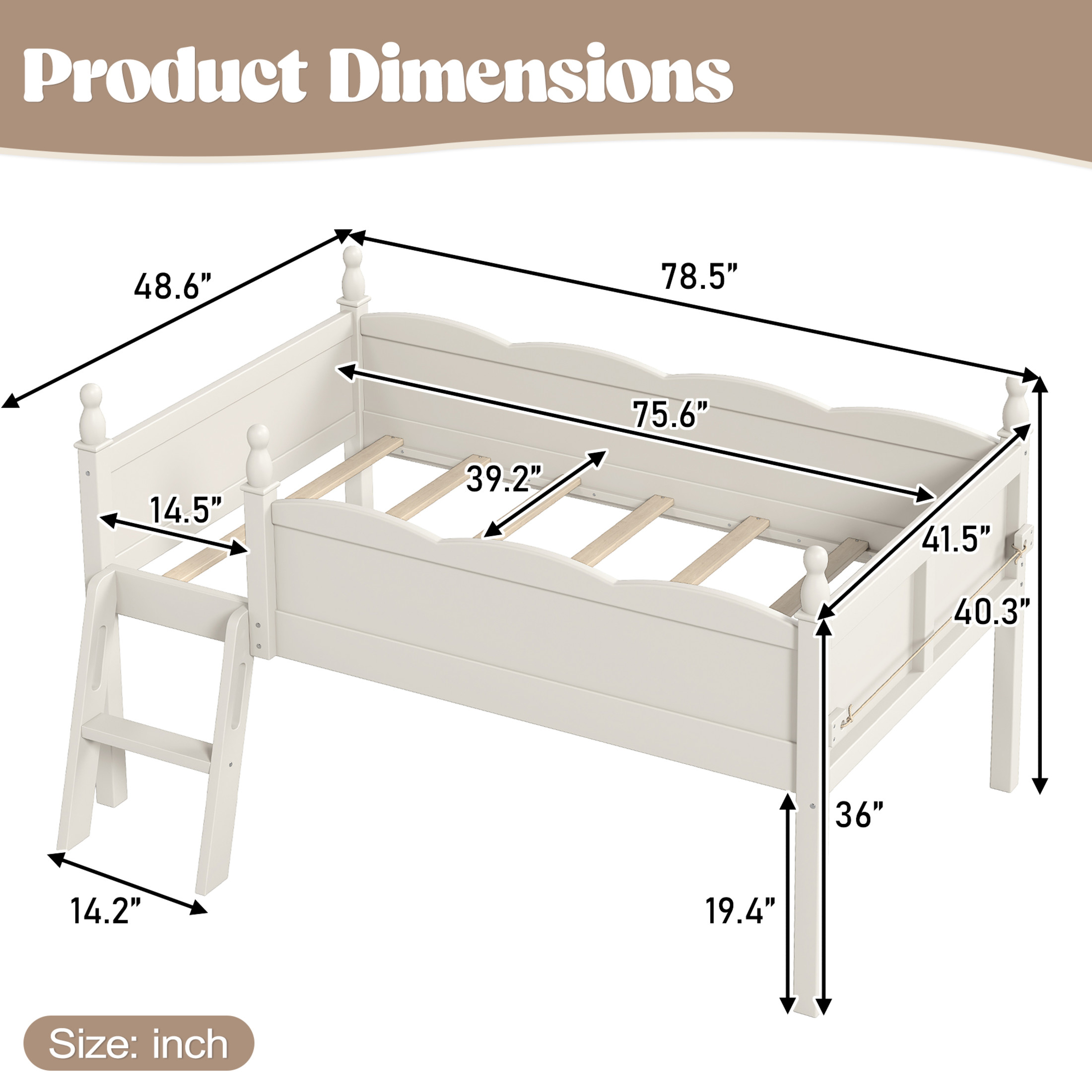 GDF Studio Twin Size Low Loft Bed with Guardrails, Ladder & Side Bookshelf, Chic Design, Beige