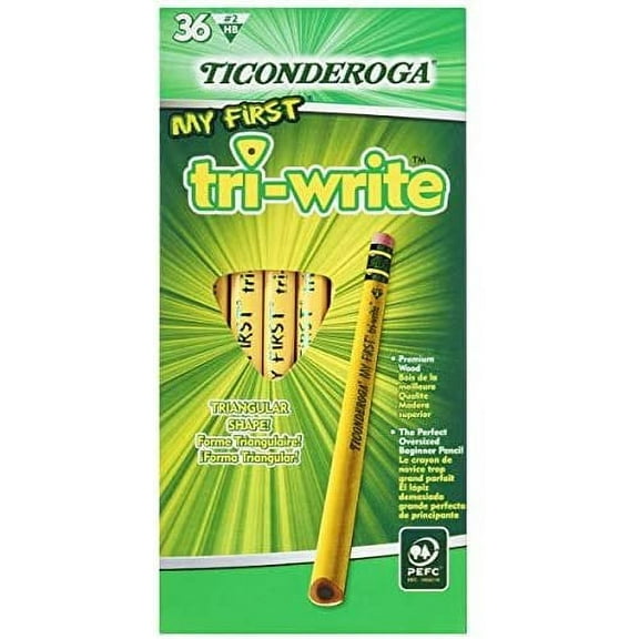 Ticonderoga Tri-Write Beginners' Pencils With Erasers, 2 Soft, Yellow Barrel, Pack Of 36