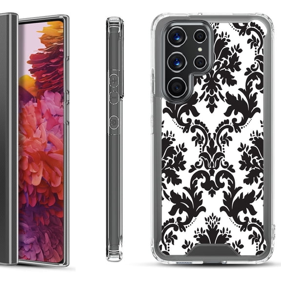 Shockproof Bumper Phone Case for Samsung Galaxy S22 Ultra 5G, by OneToughShield ® - Victorian White/Black