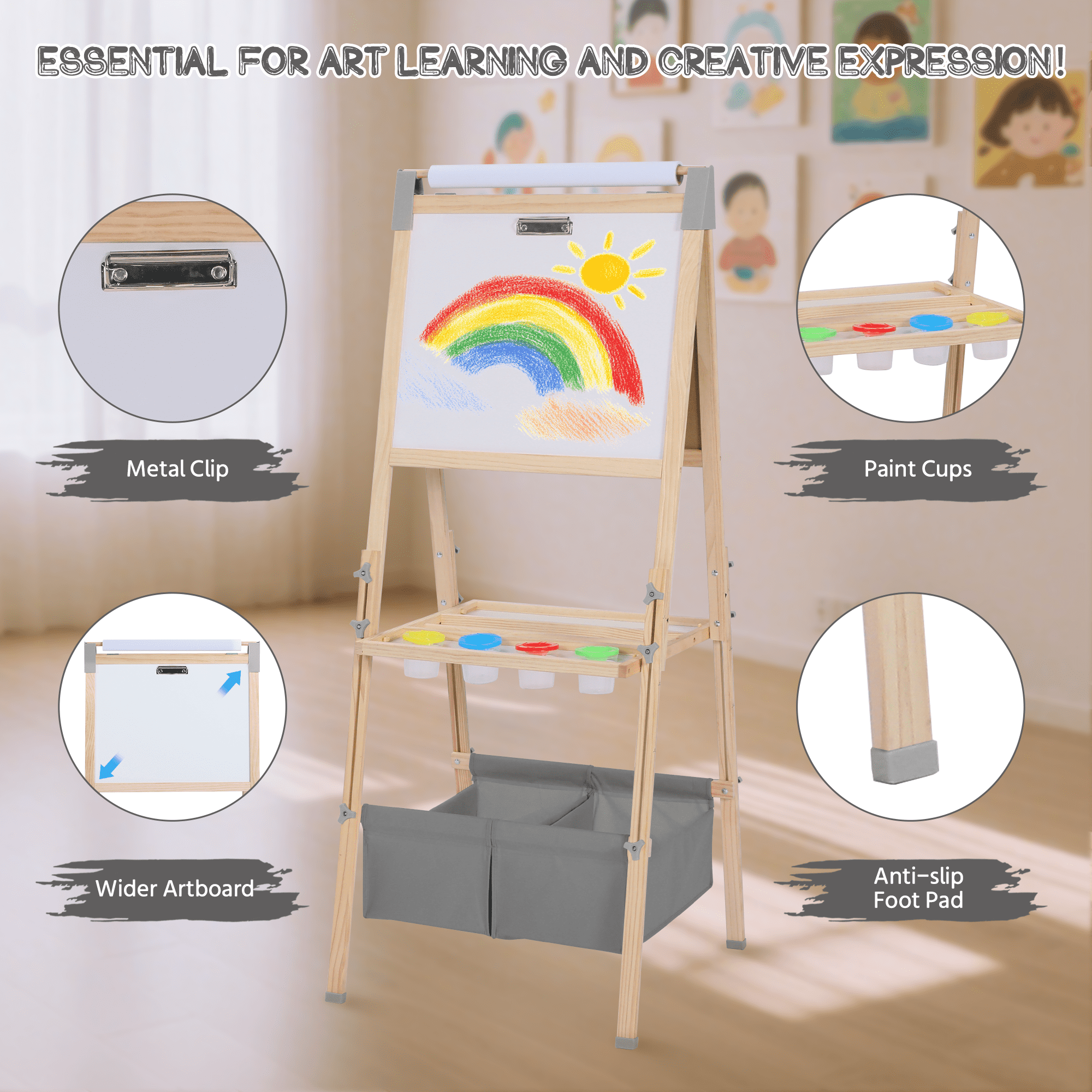 AILEEKISS Kids Art Easel Double-Sided Art Easel with Whiteboard and Chalkboard for Painting, Grey