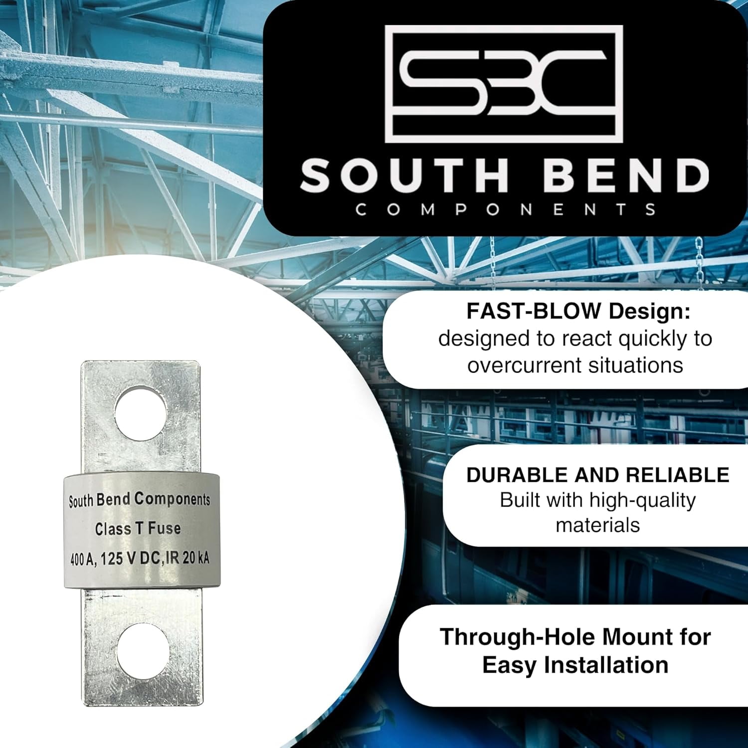 South Bend Components 400A Class T Fast Blow Fuse |400A | 125 Volts | High Current Protection for Marine, RV, Off-Grid Systems, and Battery Banks | Durable Through-Hole Mount Design (400A,2-Pack)