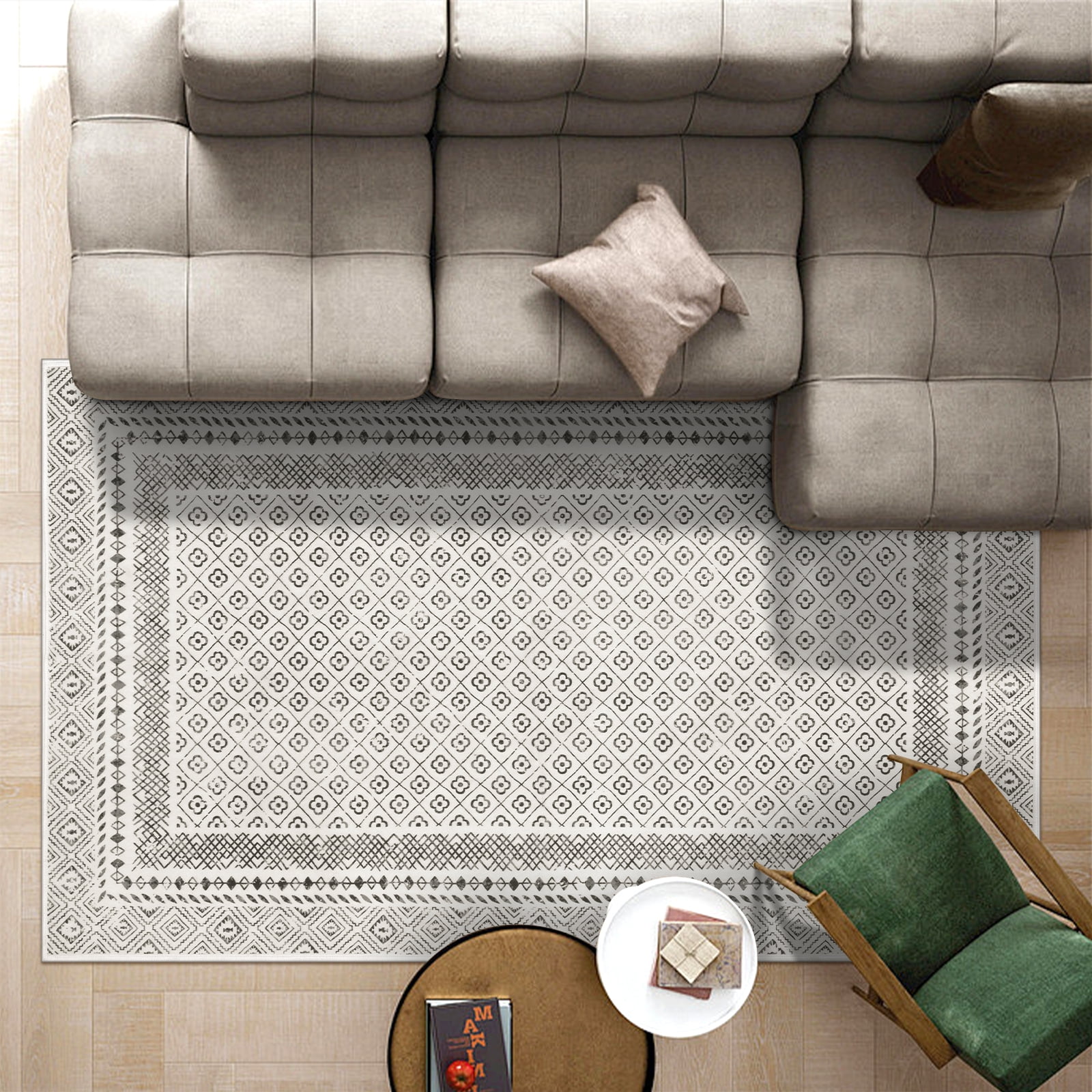 MeyJey 4'x6' Boho Floral Area Rug, Machine Washable Vintage Throw Rug, Non-Slip Stain Resistant Oriental Traditional Carpet for Living Room Bedroom Dining Room Office, Beige/Gray