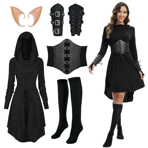 GYQMBT 5 Pcs Women Renaissance Elf Costume Hooded Robe Lace Up Medieval Fairy Dress Suitable for Halloween Cosplay,Black,S