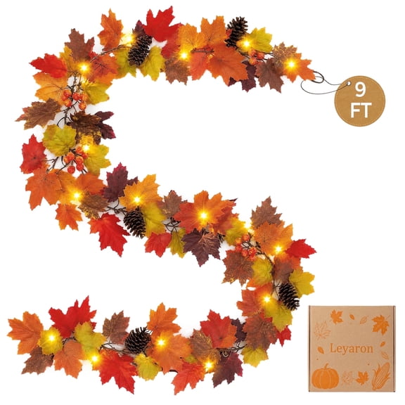 Leyaron Fall Garland with Lights, 9 Ft Autumn Maple Leaves Garlands Fall Decorations for Home Thanksgiving Indoor Party Table Porch Fireplace Decor