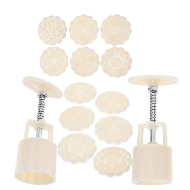 TEHAUX 2Sets Hand Press Moon Cake Mold Set White ABS Material with Unique 3D Flower Patterns for Home Use