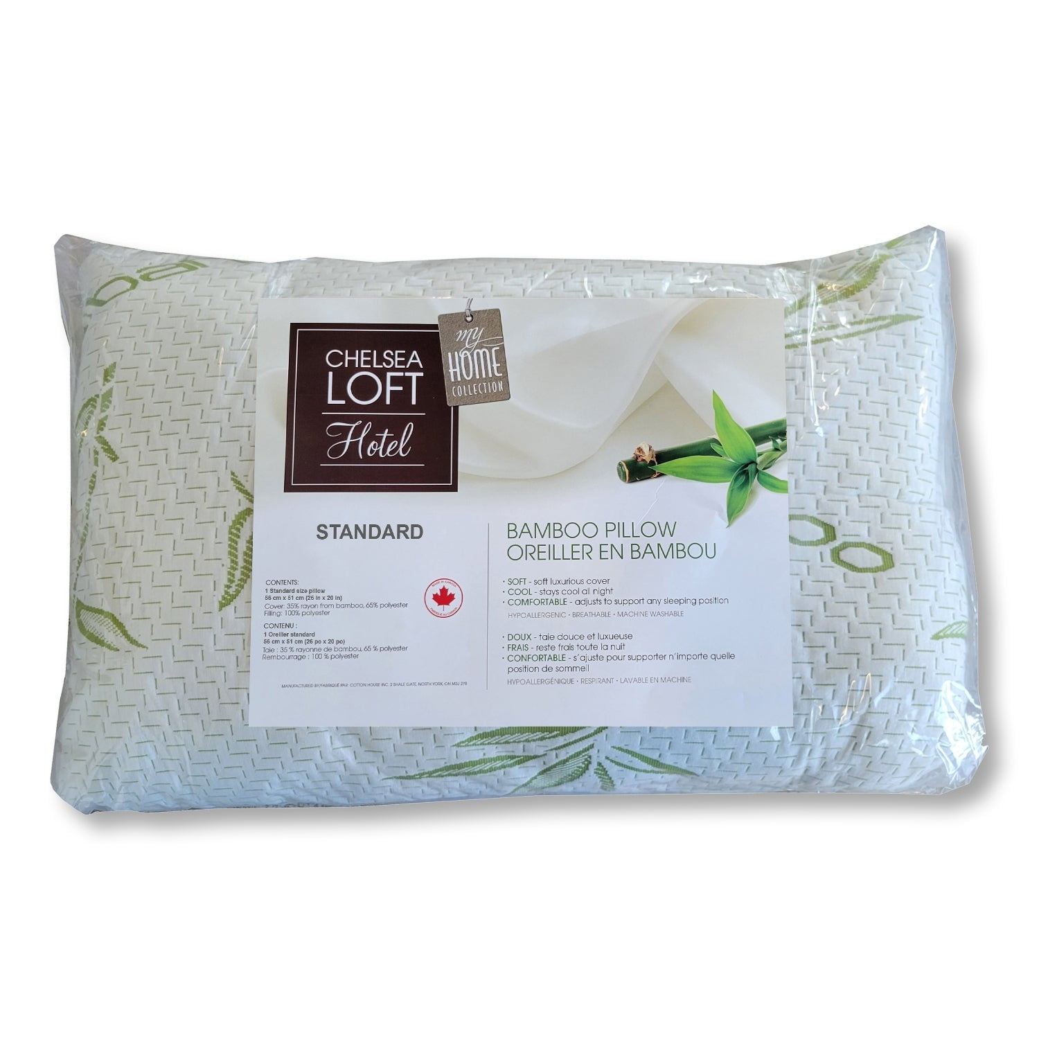 Cotton House Bamboo Pillow Hypoallergenic Standard Size Made in Canada Walmart