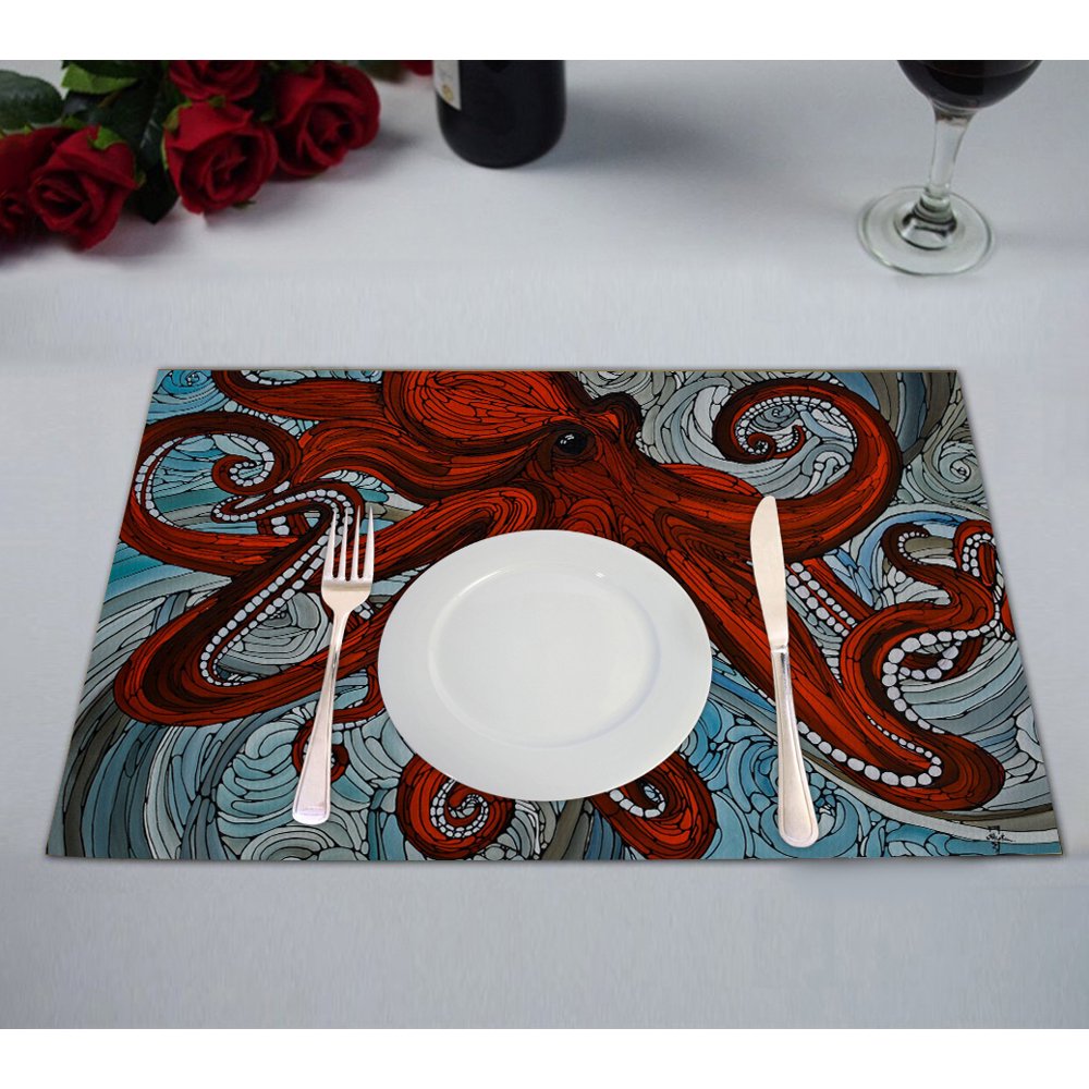 GCKG Octopus Placemat,Red Octopus Table Placemat 12x18 Inch Set of 2