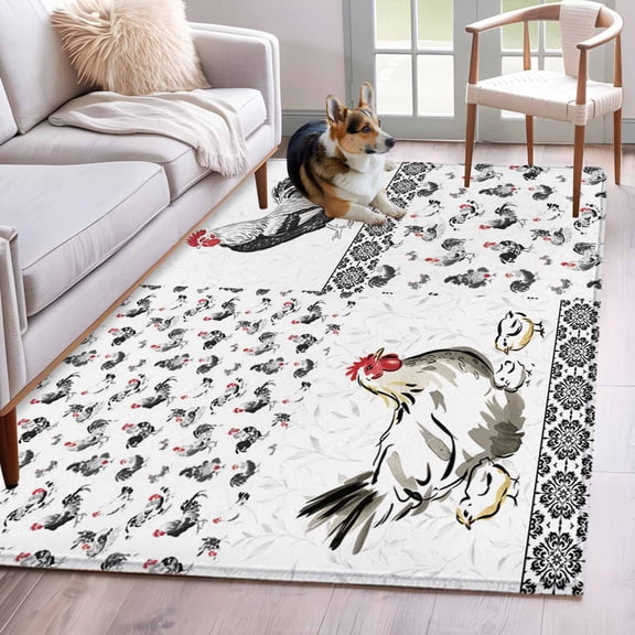 Chicken Area Rug 4x6 Washable Rug Non Slip Farmhouse Country Animal Retro Pastoral Black Large Area Rug Indoor Floor Carpet for Entryway Bedroom Kitchen Living Room Home Office Dining Room Nursery